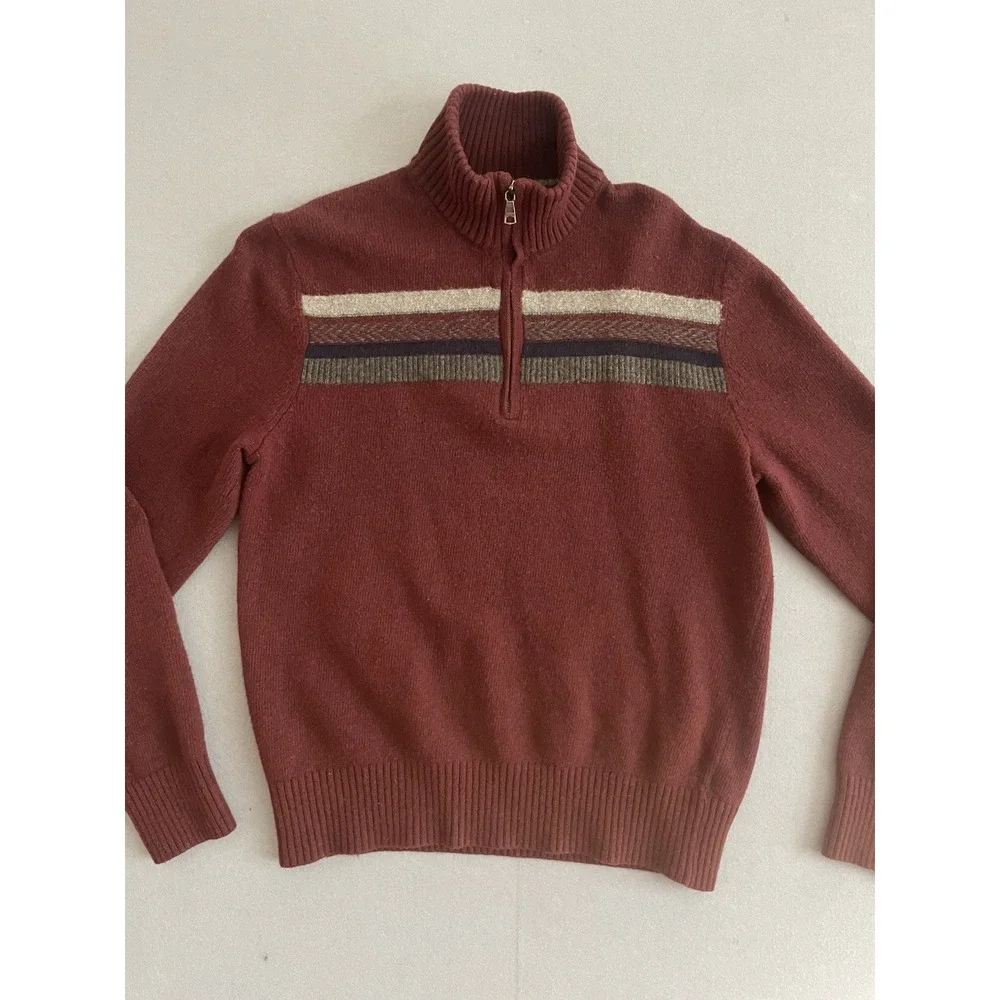 Banana Republic Men M Wool Sweater 1/4 Zip Burgundy Stripe Italian Yarn Mock Lux
